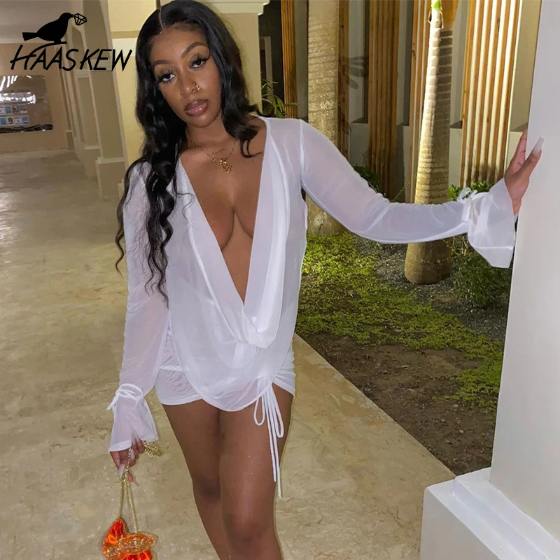 

HAASKEW Fashion Streetwear 2 Piece Set Deep V-neck Long Sleeve Backless Tops Drawstring Mini Skirt Mesh Lace Up Beach Suits
