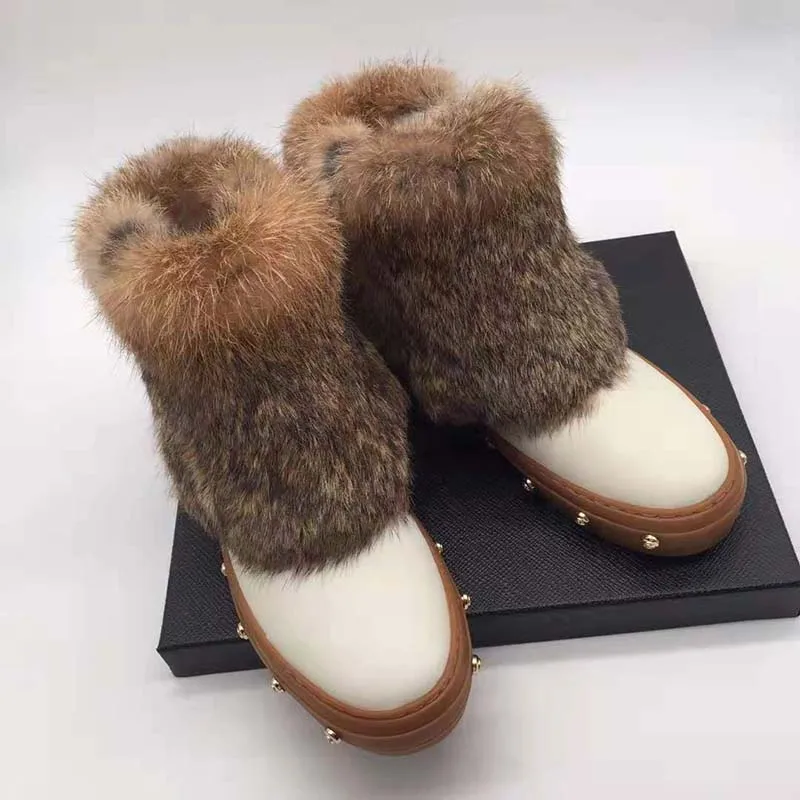 Wool Fur Snow Boots Women Round Toe Rivet Luxury Design Flat Shoes Woman Fashion Warm Ankle Boots Winter