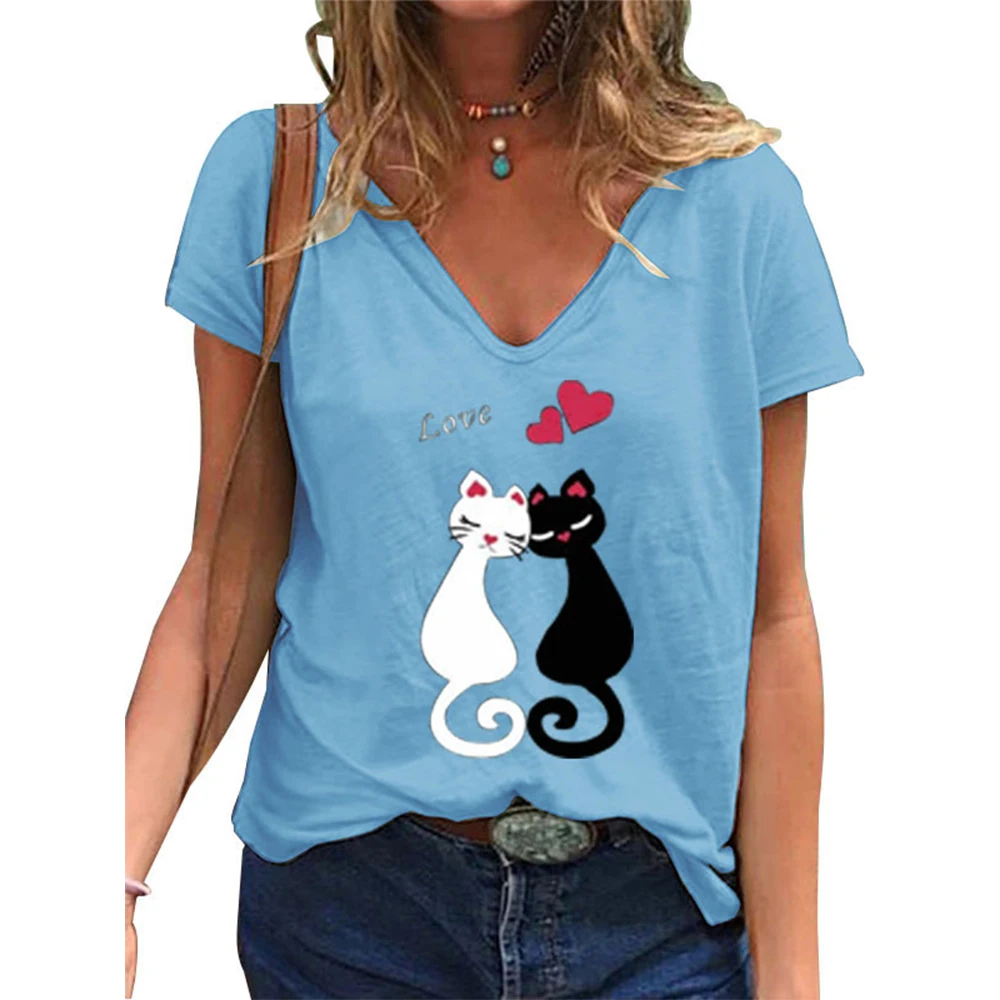 

Cat Printed T-shirtsWomen Summer Short Sleeve V Neck Animals Ladies Tops Casual Pullover Loose T Shirt Tees Female Top T Shirt