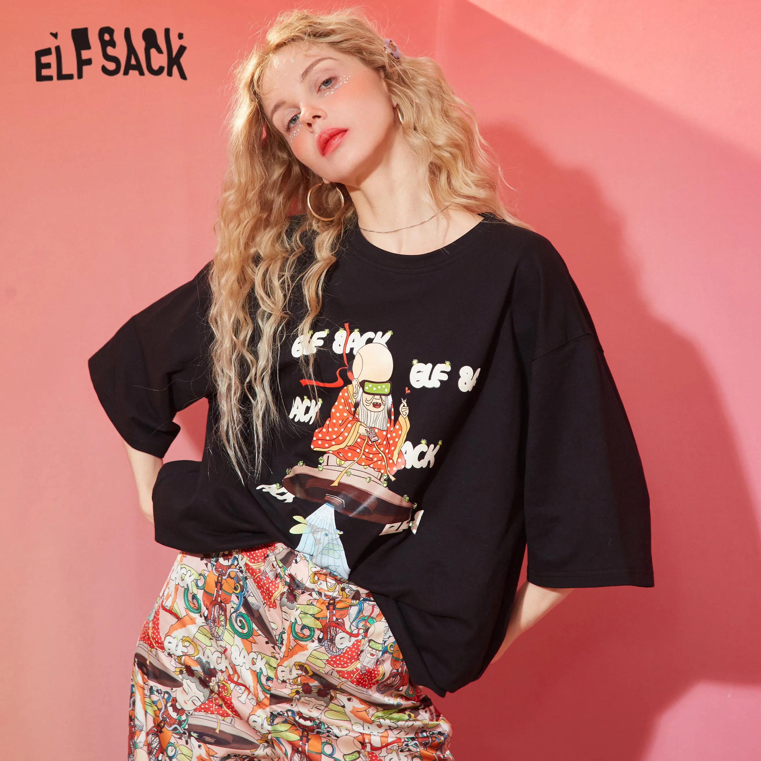 ELFSACK/черные свободные повседневные женские футболки с графическим принтом весна