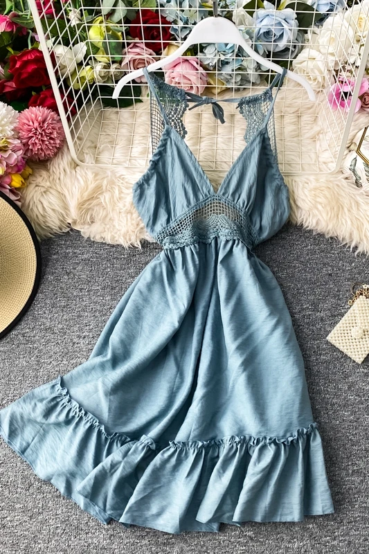 

2020 Summer Beach Style Boho Dress Backless V-neck Women Holiday sexy Dress Solid Mini Dress