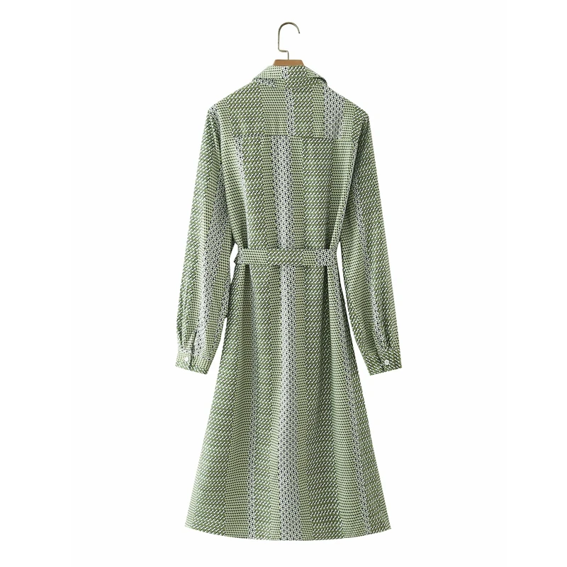 

KBAT 2021 Fashion Summer Women Geometry Print Shirt Dress with Slash Vintage Long Sleeve Office Ladies Midi Dress