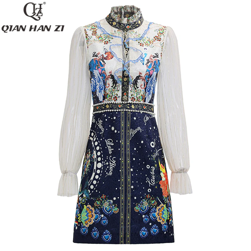 

Дизайнерское модельное платье QHz с рукавами-фонариками, прозрачное Сетчатое облегающее элегантное платье с принтом, женское винтажное плат...