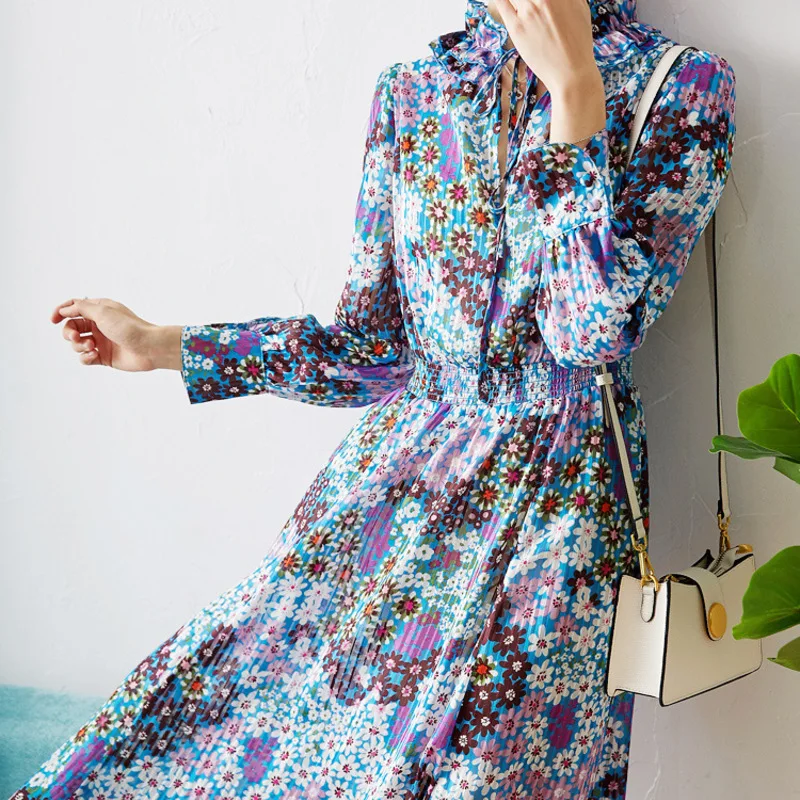 

flower New Small broken chiffon waist long sleeve dress is long in the female 2021 spring flowers