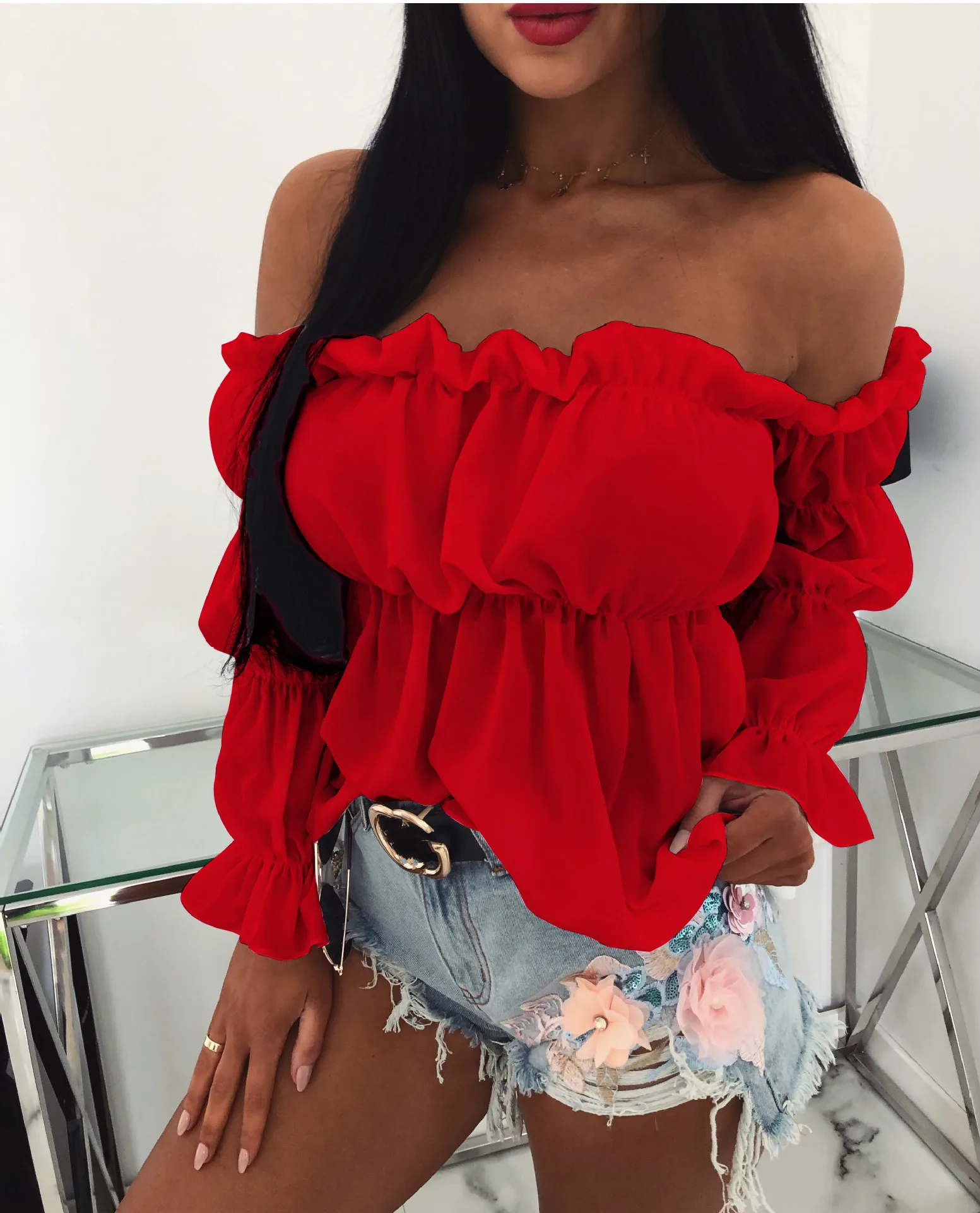 2019 пикантные Женские топы и блузки одноцветные с открытыми плечами длинным