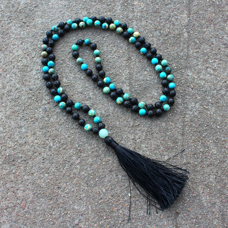 

Good Quality 6mm Lava Stone Emperor Stones Beaded Necklaces for Women Bohemian Tassel Jewelry Energy Meditation Yoga Necklace