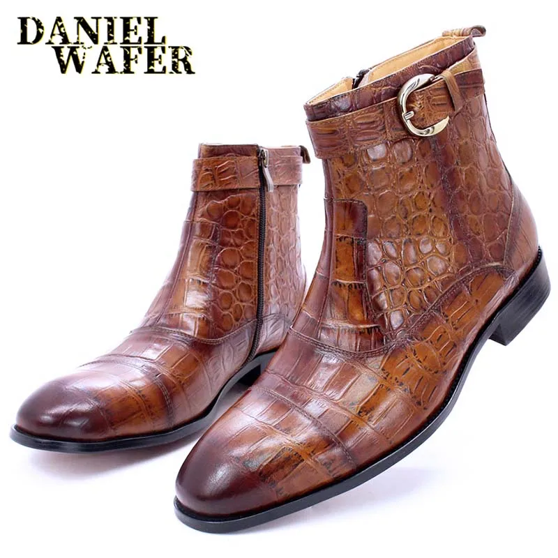 

FASHION ANKLE BOOTS MEN CASUAL DRESS SHOES BLACK BROWN BLUE CROCODILE PRINTS GENUINE LEATHER ZIP BUCKLE WEDDING OFFICE BOOTS MEN