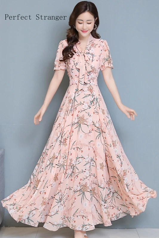 

2021 Summer New Arrival Hot Sale Bow Collar Flower Printed Short Sleeve Women Long Chiffon Dress Plus Size S-4XL