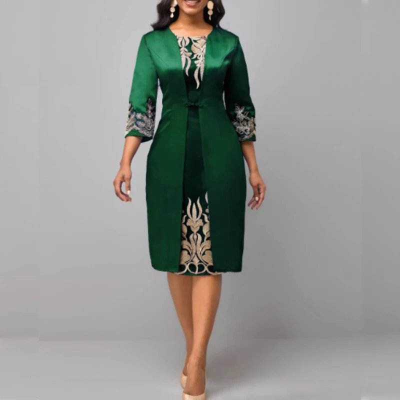 

2022 Fashion Gold Pattern Rim Slim Office Dress Vintage Women 3/4 Sleeve Party Dress Ladies Elegant O Neck A-Line Dress Vestidos