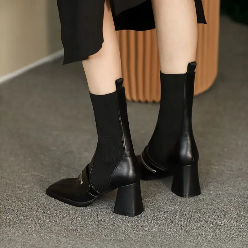 

Krazing pot genuine leather square toe mixed colors superstar winter shoes slip on elegant stretch fabric mid-calf boots L38