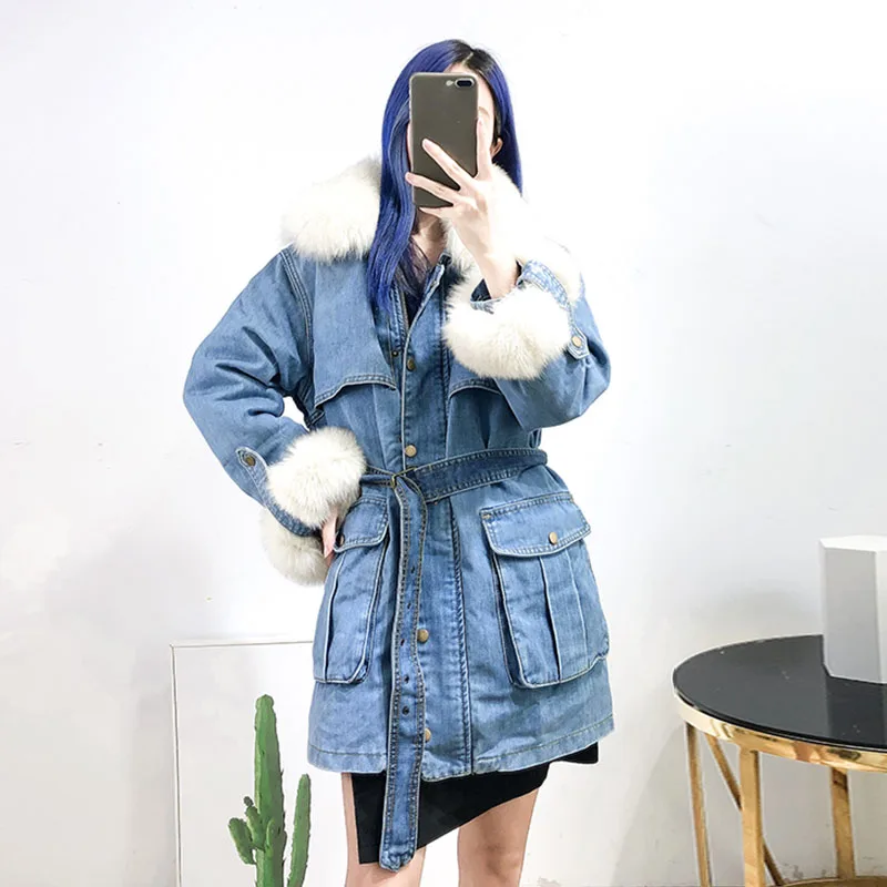 Натуральный Лисий мех воротник 2019 зимняя куртка Для женщин Длинная джинсовая