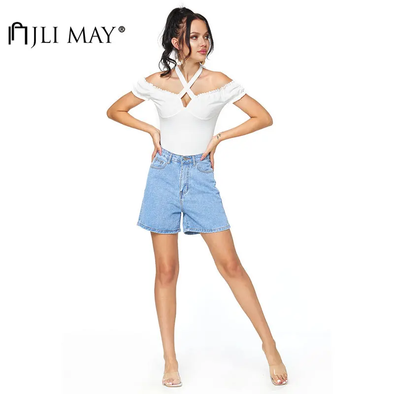 

JLI MAY Women's Shorts Solid Patchwork Pockets Button High Waist Straight Casual Denim Shorts