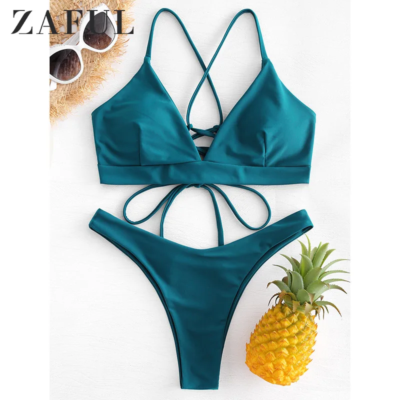 ZAFUL, на шнуровке сзади, стринги, бикини, крест-накрест, купальник для женщин, с высоким вырезом, купальник, павлин, синие, на бретелях, низкая талия, бикини, купальный костюм