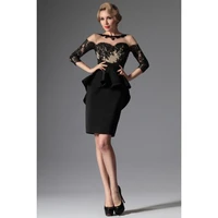 latest design mother of the bride short dress black long sleeve evening formal gowns lace top wedding party