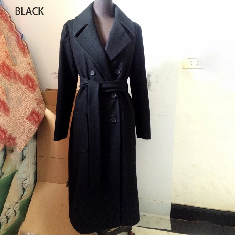 

Autumn Winter Women Long Wool Coat With Belt Solid Color Long Sleeve Elegant Double Breasted Outerwear Ladies Overcoat