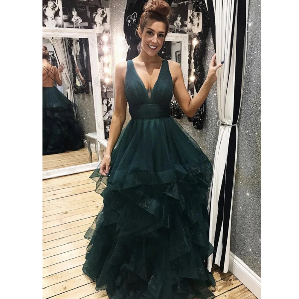 

Dark Green Evening Dresses Long 2021 New Tulle Backless Elegant Prom Gowns V-Neck Sexy A-Line Tired robe de soire de mariage