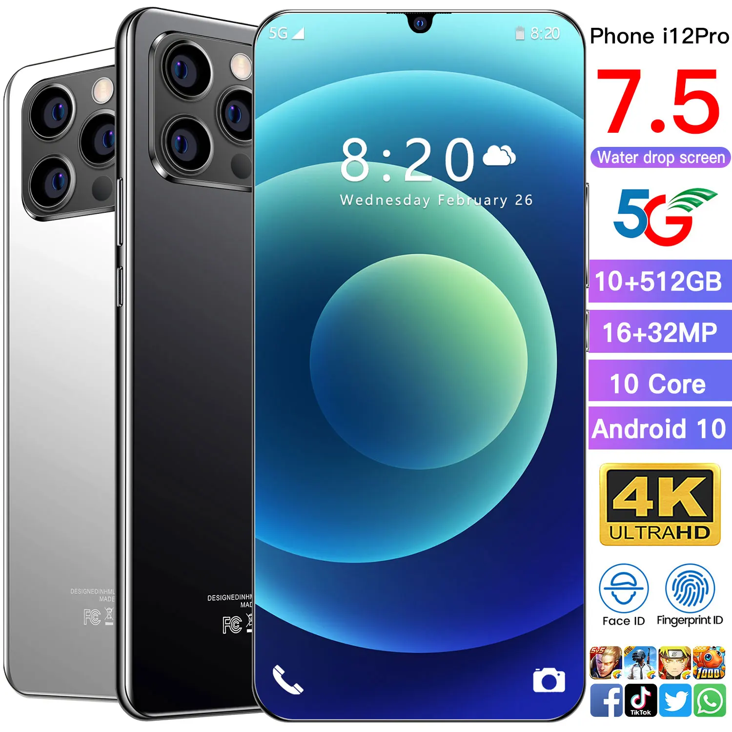 

Newest Global Version i12 pro 10GB 512GB 6.7Inch Android10.0 HD Screen 6800mAh 5G 8 Core Cellphone Mobile Phone Smartphone