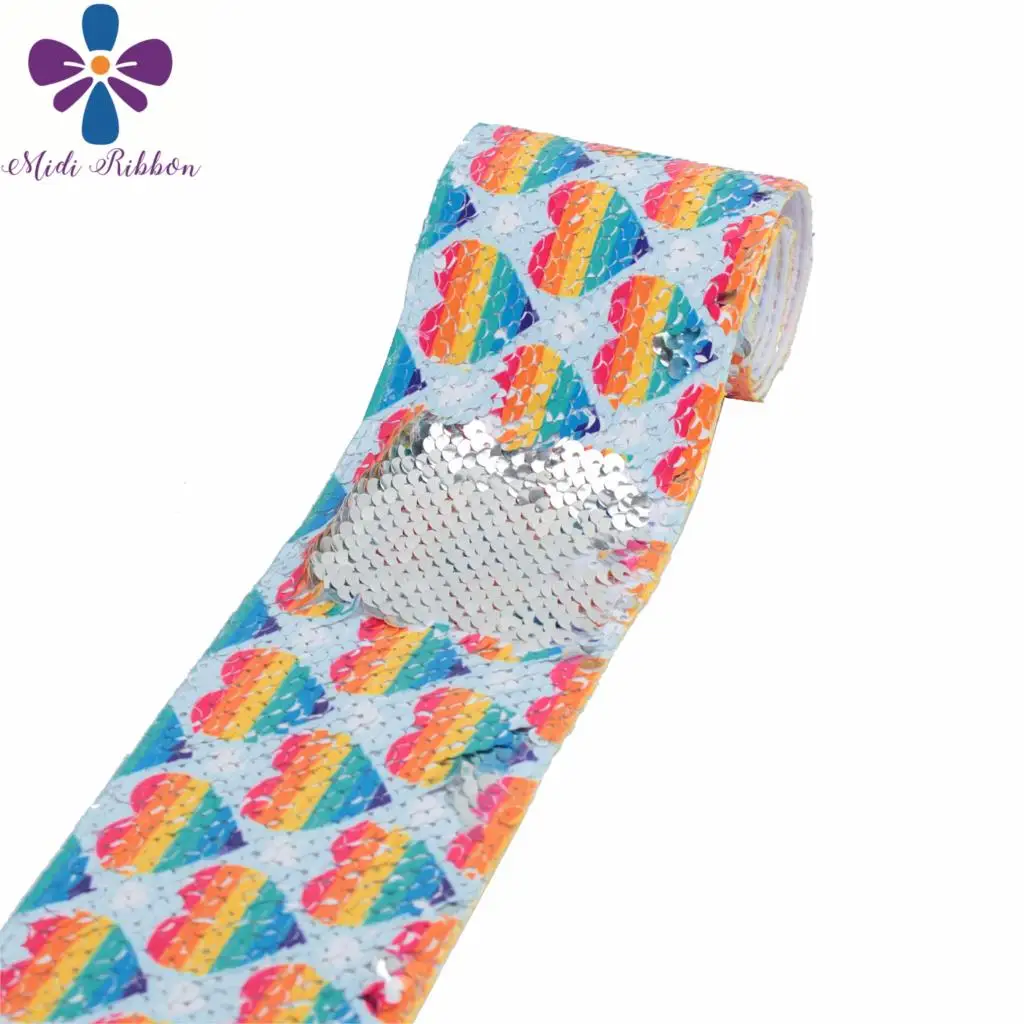 

3"75mm Colorful Heart Pink Gradient Color Double Reversible Silver Sequin Ribbon DIY Valentine's Day Party Gift Bow 46yards/roll