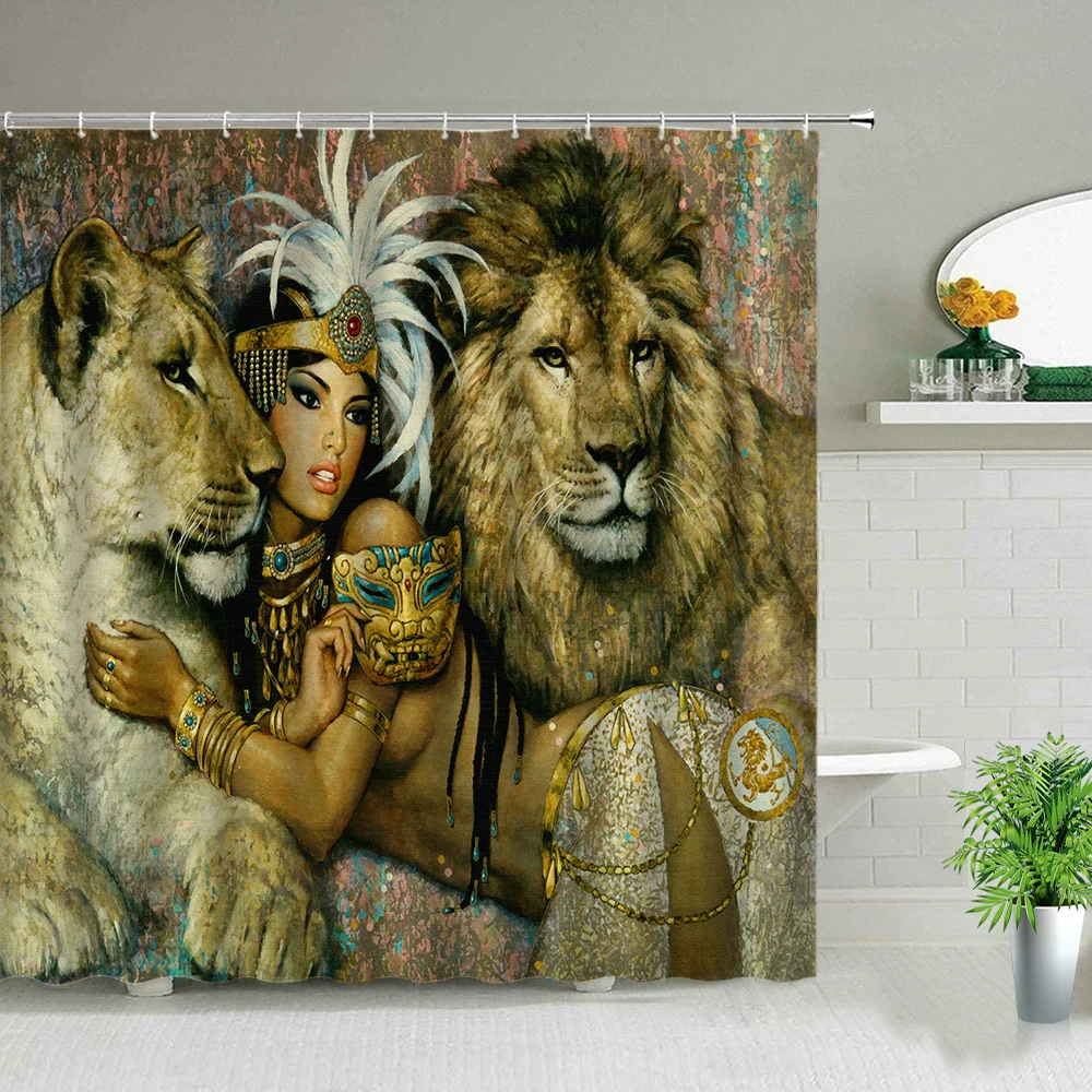 

African Woman And Lion Shower Curtain Set Wild Animal Sexy Woman 3d Print Bathroom Curtains Waterproof Cloth Bathtub Home Decor