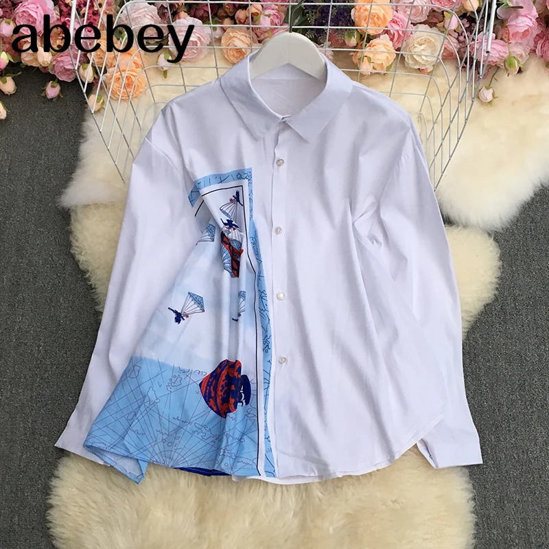 

2021 New Spring Autumn Vintage turn down collar long sleeve Shirt irregular design single breasted hit color print Shirt Top