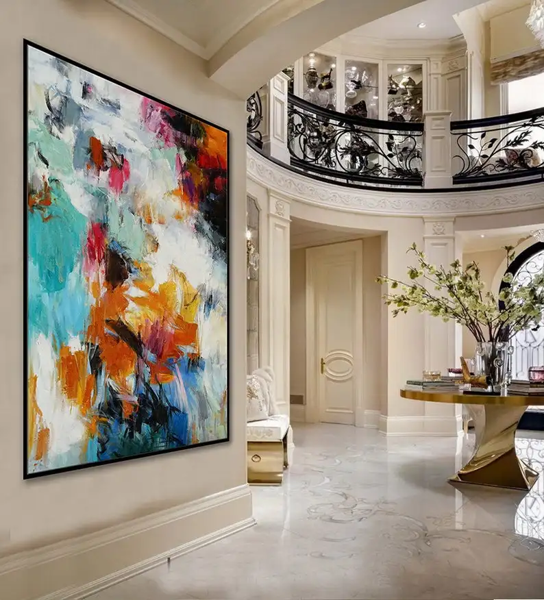 Kopen Borstel Slag Oversize Extra Grote Verticale Moderne Kleurrijke Wall Art Hand Geschilderd Olieverfschilderij Living Eetkamer Bed Room