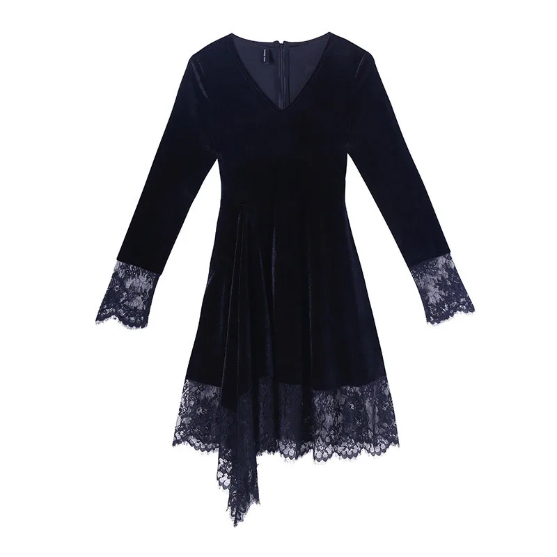 

2019 New Autumn Large Size Dress Korean V-neck Black Lace Slim Fit Patchwork Mid-Length Velvet A- line Skirt Women