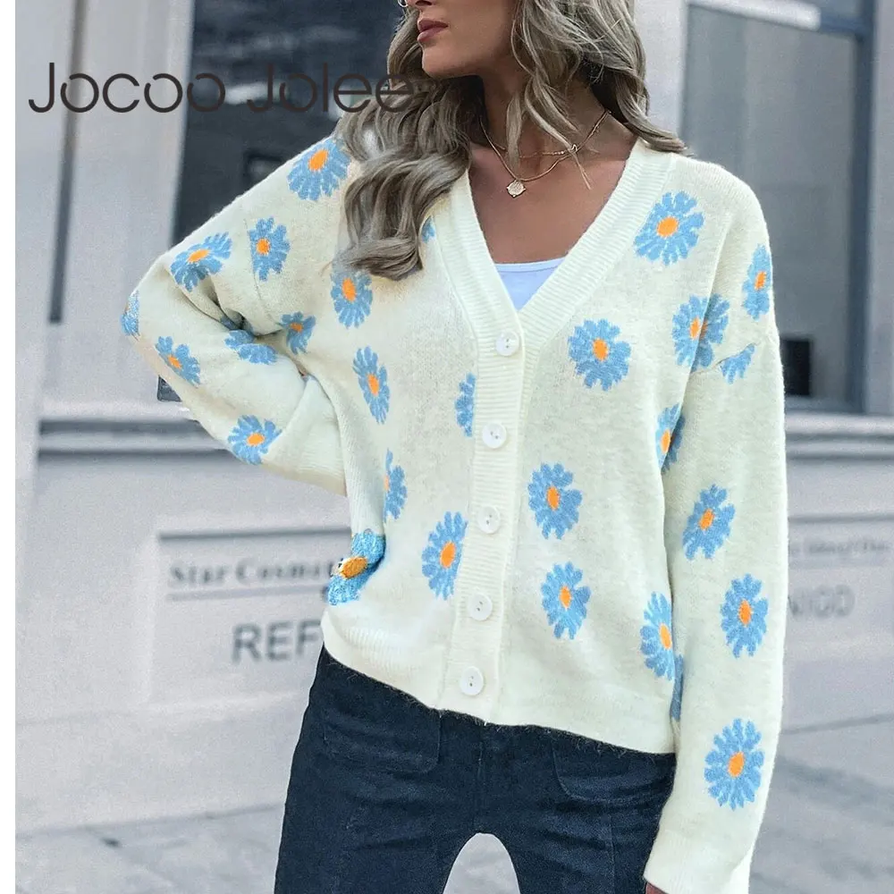 

Jocoo Jolee Women Elegant Daisy Print Cardigan Autumn Casual V Neck Single-breasted Loose Sweater Coat Harajuku Knitting Tops