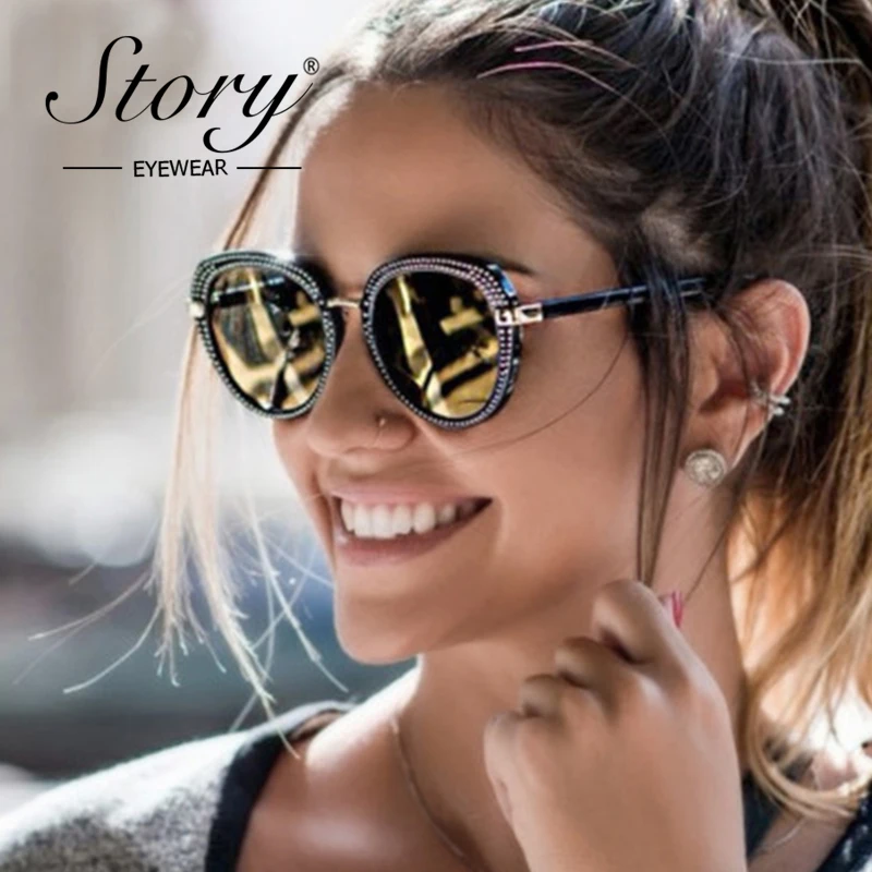 Овальные Солнцезащитные очки с заклепками STORY 2018 женские круглые винтажные