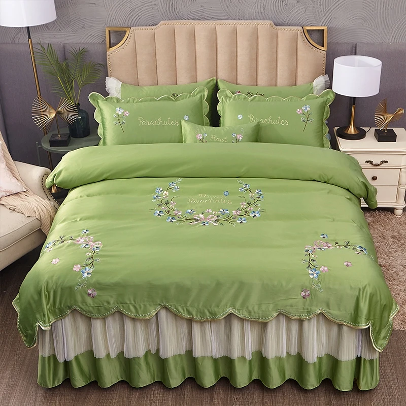 

Luxury Purple Satin Silk Cotton Floral Embroidery Bedding Set Double Duvet Cover Bed Linen Lace Bedskirt Pillowcase Home Textile