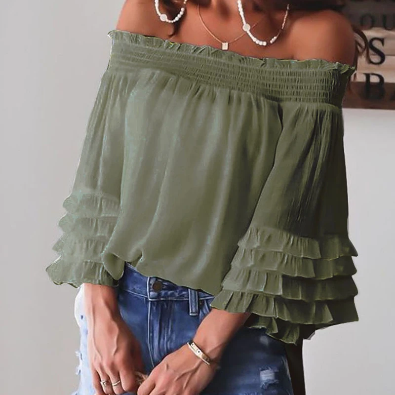 

Autumn Pink Slash Neck Blouse Women Ruffle Sleeve Off Shoulder Causal Office Ladies Tops Female 2021 New Fashion Elegant Blouse