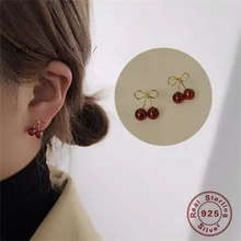 S925 Silver Plated 14K Real Gold Stud Earrings Cherry Retro Hong Kong Charm Earrings French Red Festive Jewelry Accessories
