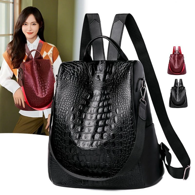 

Women Backpack Large Female Back Bag Embossing Crocodile PU Leather Plecak Damski Travel Bags Teenage Girl School Bag
