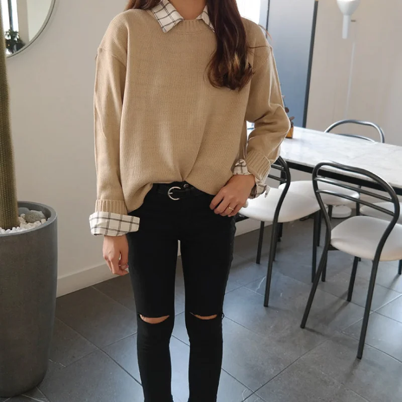 Женский свитер с круглым вырезом однотонный Свободный вязаный в Корейском стиле