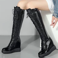 thigh high fashion sneakers women lace up genuine leather wedges high heel military boots female round toe platform pumps shoes