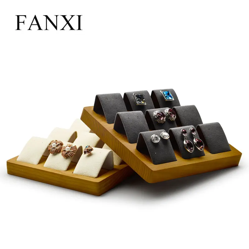 FANXI 2 шт. деревянный бежевый/темно серый 9 мест Серьги Дисплей Стенд с микрофиброй