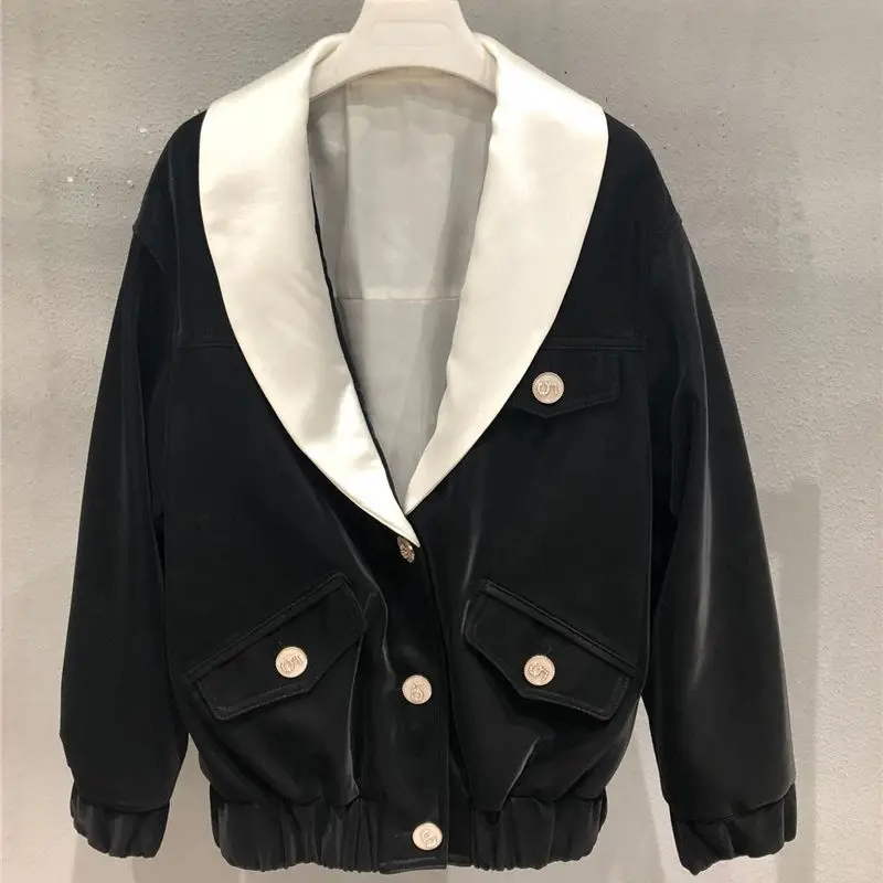 2022 New Fashion Women Genuine Sheepskin Leather Coat Single Breasted Black Real Leather Jacket Big Lapel Collar Woman Overcoats