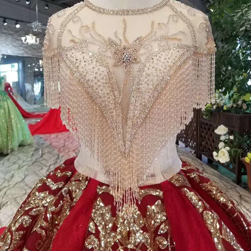 LS11100 Роскошные красные и золотые женские платья с круглым вырезом блестящие