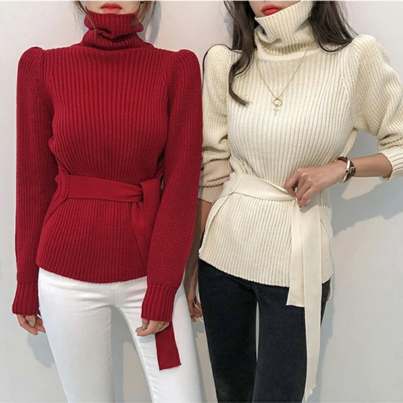 New 2020 Winter Turtleneck Sweater Women With Belt Pink Gray Beige Or Black Sweaters And Pullovers Thicken Warm Knitted | Женская одежда