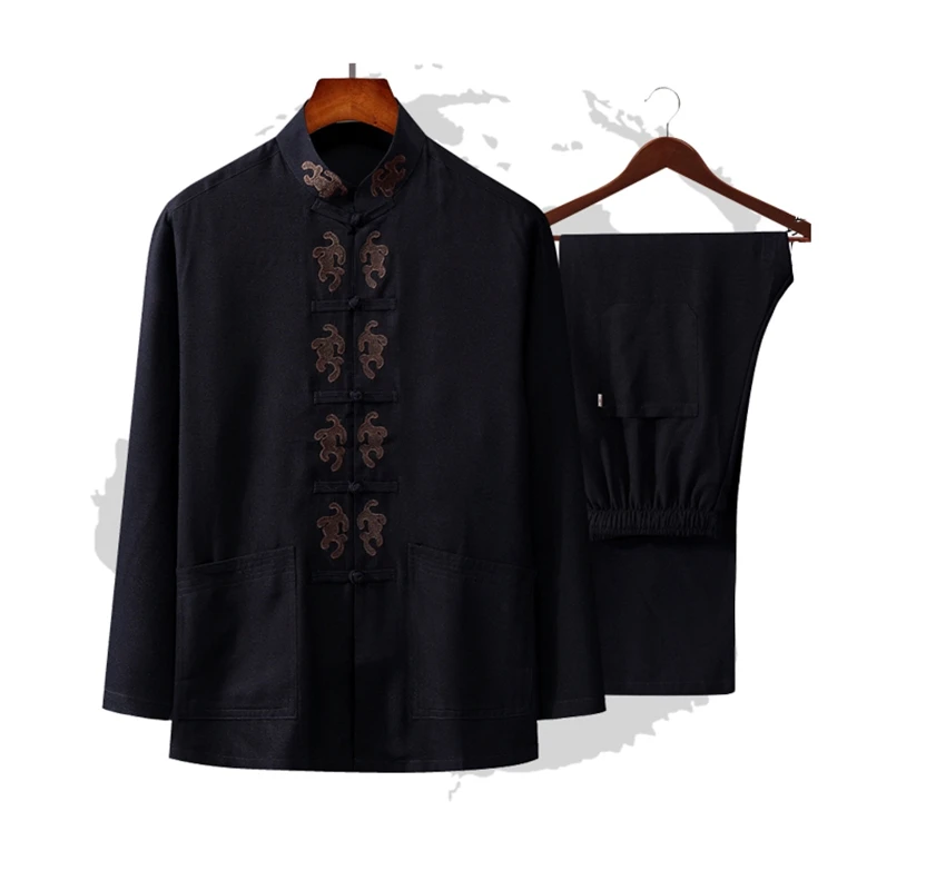 Костюм мужской из хлопка и льна с вышивкой Wu Shu рубашка длинным рукавом длинные