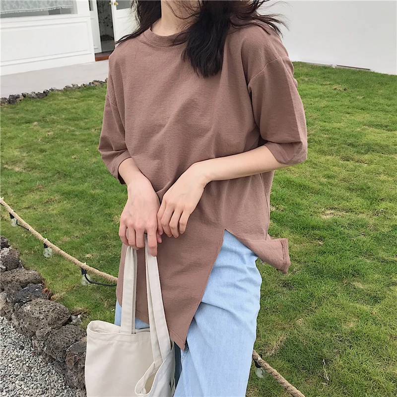 

100% хлопок сплошной Разделение футболка белые туфли для женщин модная простая Женская свободная футболка Повседневная Женская обувь для по...