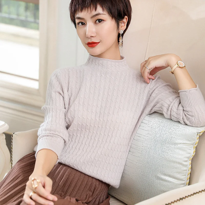Женский теплый кашемировый свитер облегающий толстый с высоким воротом и