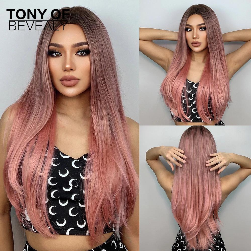

Long Straight Hair Ombre Brown Pink Synthetic Wigs for Women Middle Part Cosplay Natural Pink Hair Heat Resistant Fiber Wigs