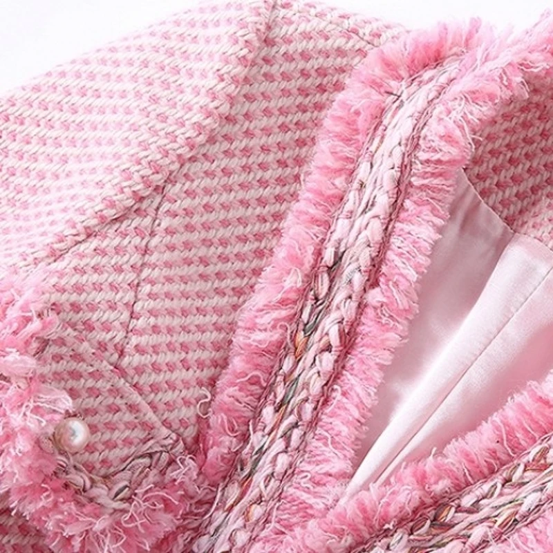 Брендовый роскошный женский розовый комплект твидовый Модный жакет с кисточками