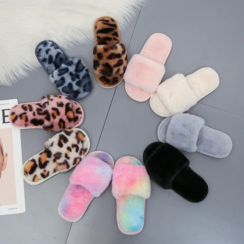 

Kids Shoes For Girl Fluffy Slippers Open Toe Flat House Slippers Toddler Girl Shoes Leopard Furry Slippers Winter Indoor Slipper