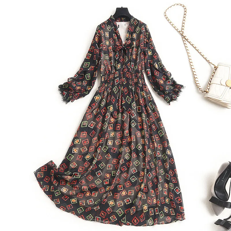 

Elegant Bow Collar Geometric Print Chiffon Dress Spring Designers Woman Clothes Fashion Midi Bohemian Holiday Vestidos 2021