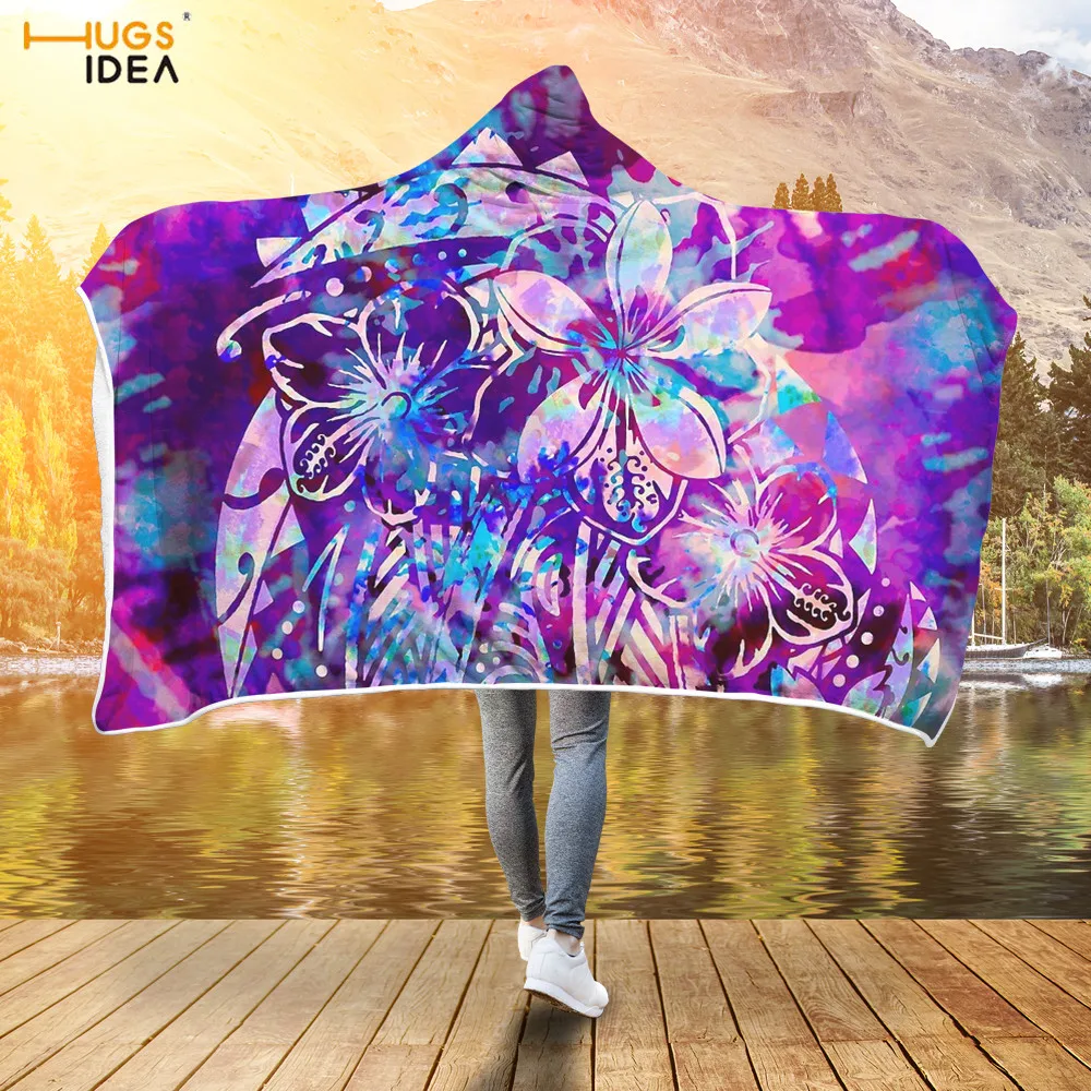 

HUGSIDEA Tie Dye Art Hibiscus Design Hooded Blanket Home Textile Bed Sheet Kids Soft Warm Lazy Flannel Blanket Sofa Nap Quilts