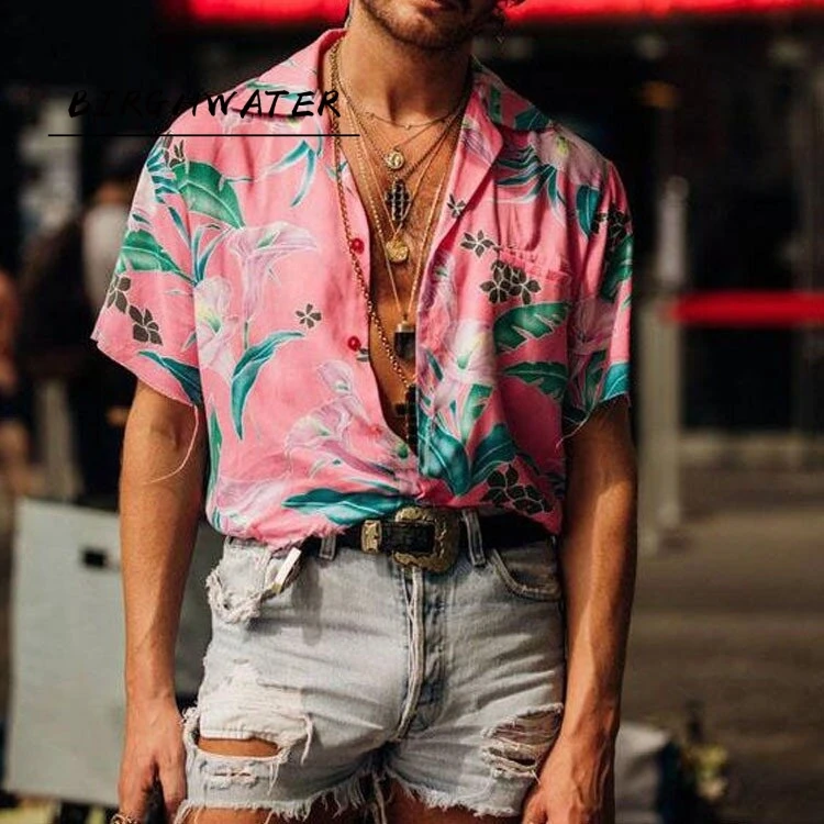 

Vintage Printing Short Sleeve Shirt For Men 2021 Spring Fashion Loose Tops Casual Male Turn-down Collar Button Shirts Streetwear
