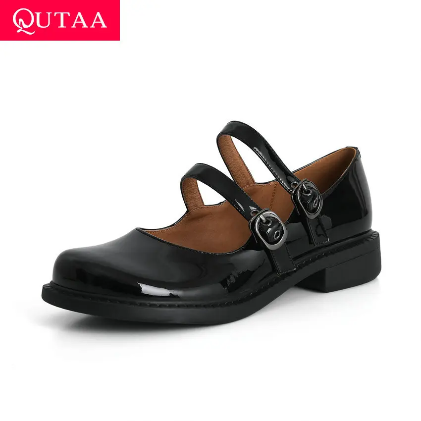 

QUTAA/Коллекция 2021 года; Классические женские туфли-лодочки с круглым носком и пряжкой; Сезон весна-осень; Повседневная женская обувь из натур...