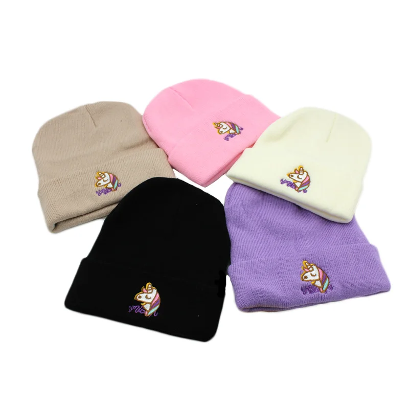 

Unicorn Embroidered Beanie Hat Cartoon Animal Unicorn Winter Autumn Warm Wool Knitted Bonnet Cap Women Girl Soft Skullies Beanie