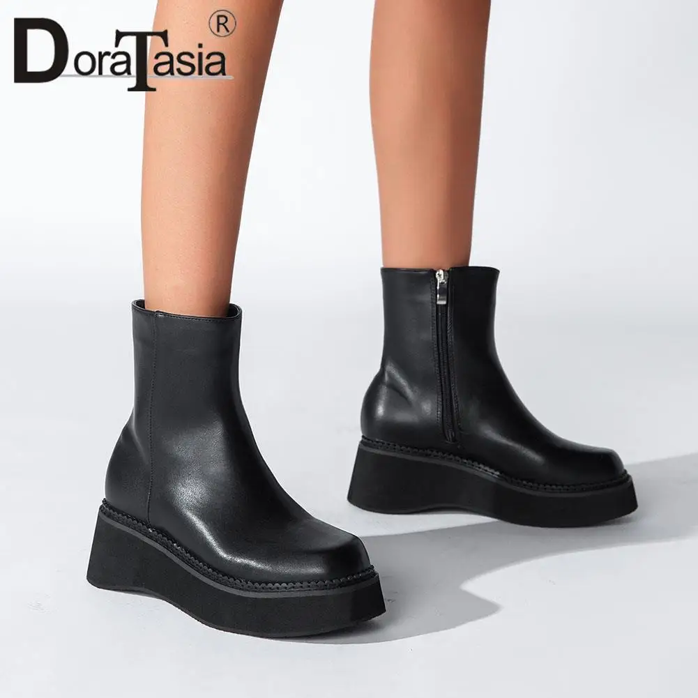 

DORATASIA New Female Round Toe Zip Solid Wedges High Heels Ankle Boots Hot Sale Platform Women's Ankle Boots Shoes Woman